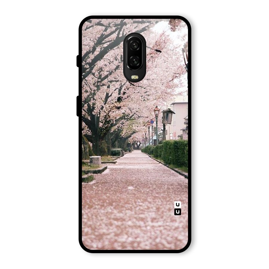 Street In Pink Flowers Glass Back Case for OnePlus 6T