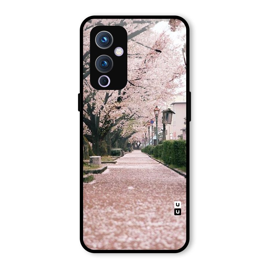 Street In Pink Flowers Glass Back Case for OnePlus 9