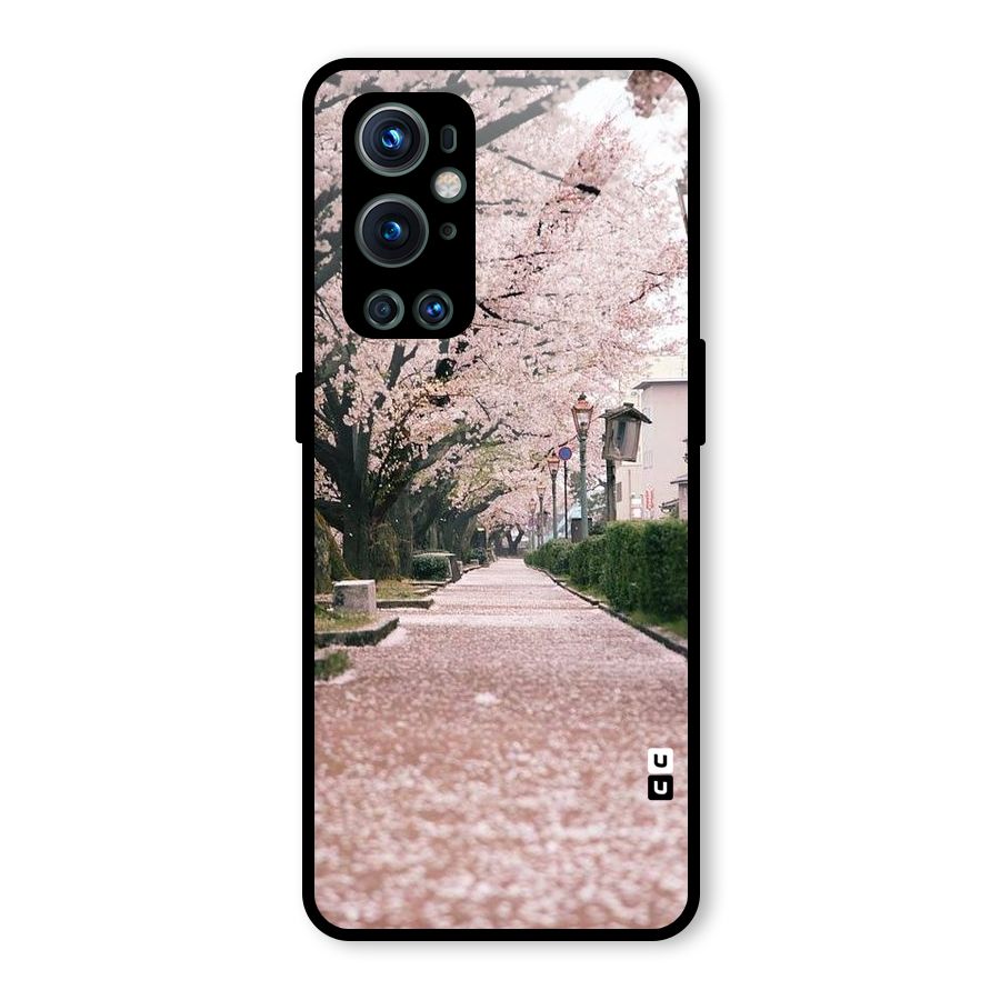 Street In Pink Flowers Glass Back Case for OnePlus 9 Pro