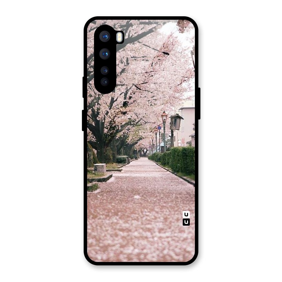 Street In Pink Flowers Glass Back Case for OnePlus Nord