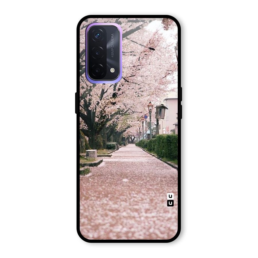 Street In Pink Flowers Glass Back Case for Oppo A74 5G