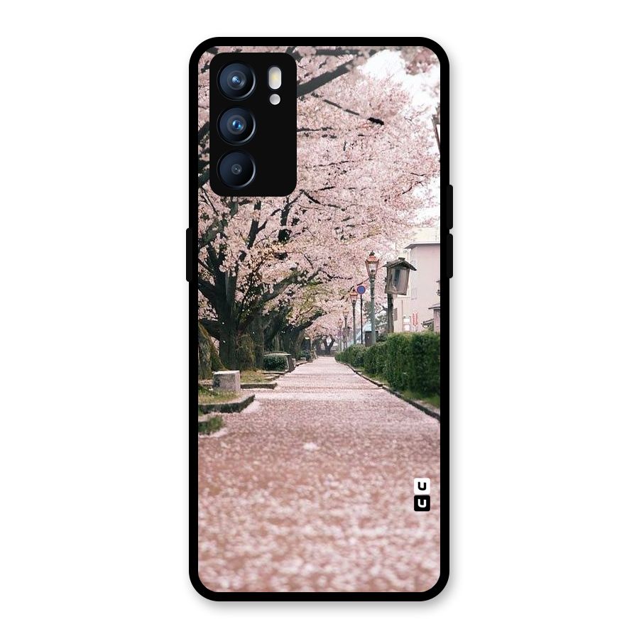 Street In Pink Flowers Glass Back Case for Oppo Reno6 5G
