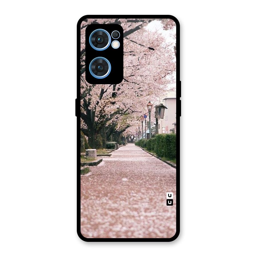 Street In Pink Flowers Glass Back Case for Oppo Reno7 5G