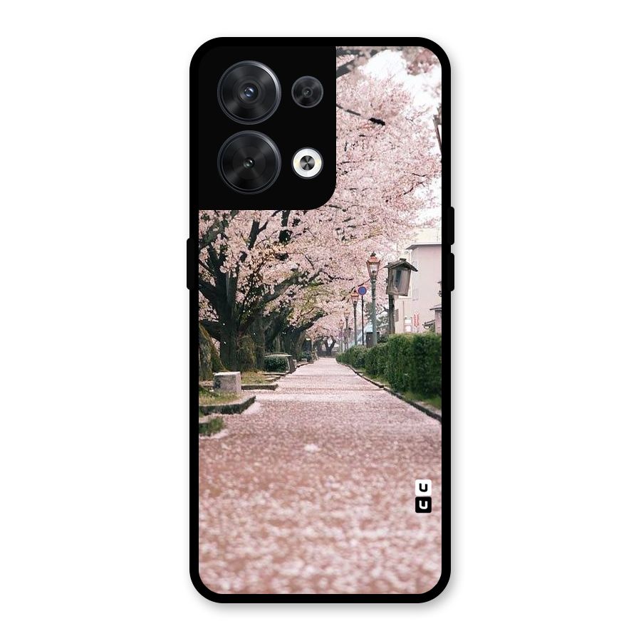 Street In Pink Flowers Glass Back Case for Oppo Reno8 5G