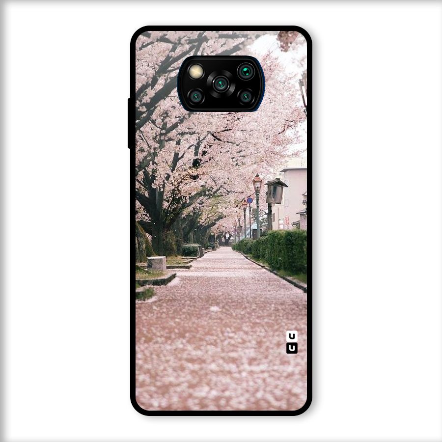 Street In Pink Flowers Glass Back Case for Poco X3