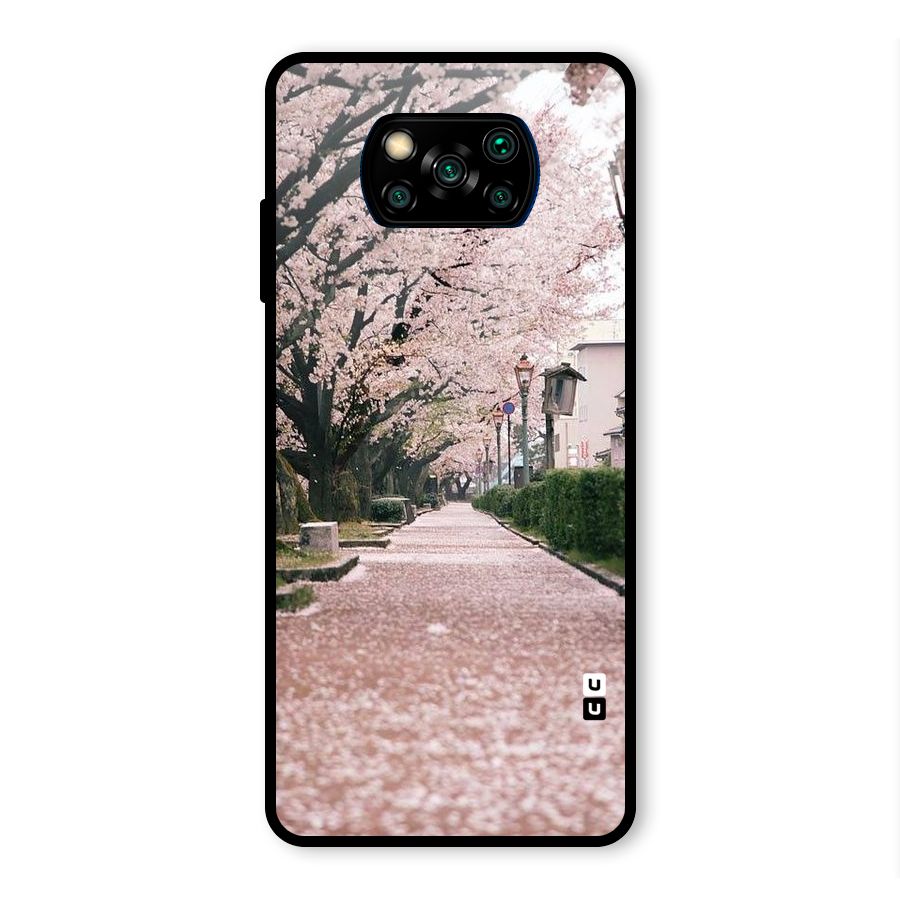 Street In Pink Flowers Glass Back Case for Poco X3 Pro