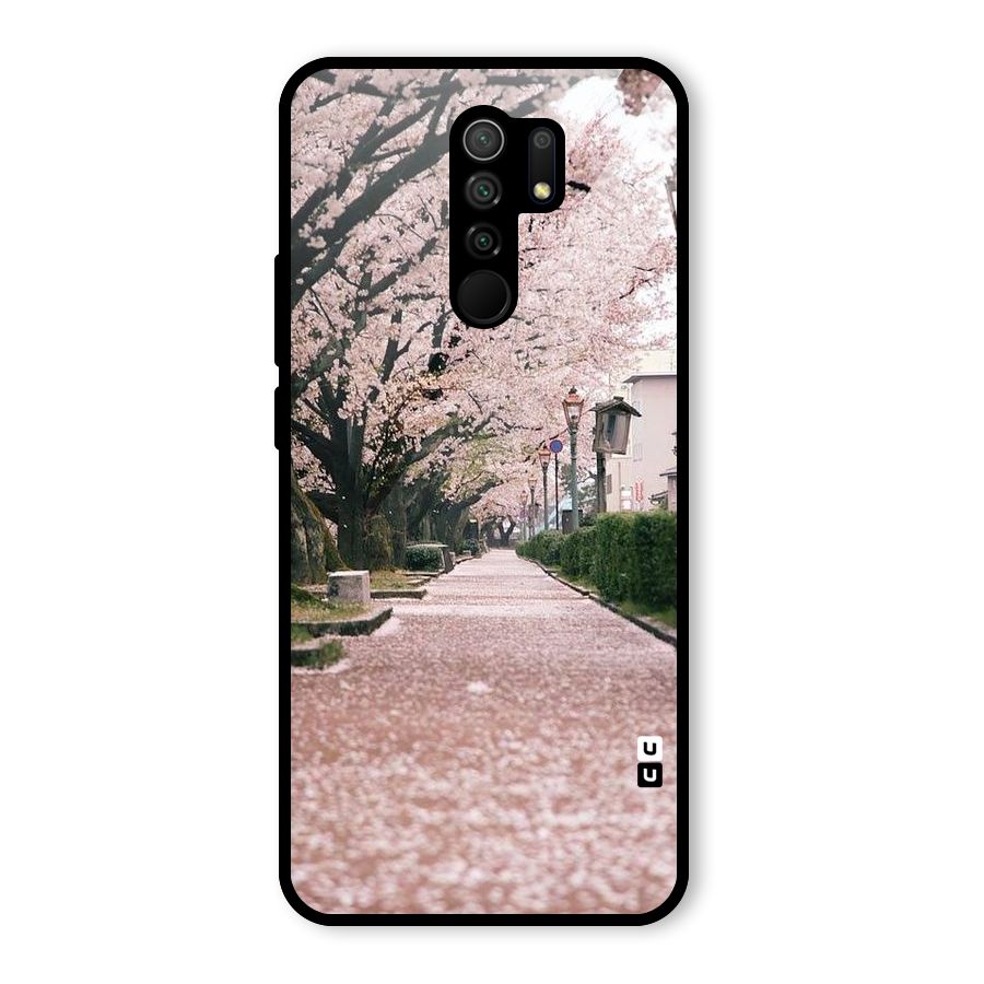 Street In Pink Flowers Glass Back Case for Redmi 9 Prime