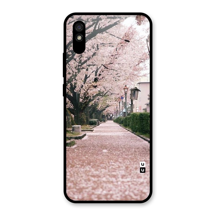 Street In Pink Flowers Glass Back Case for Redmi 9i