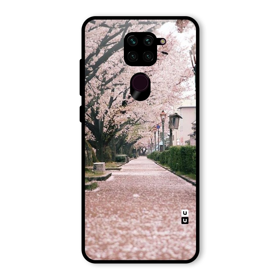 Street In Pink Flowers Glass Back Case for Redmi Note 9