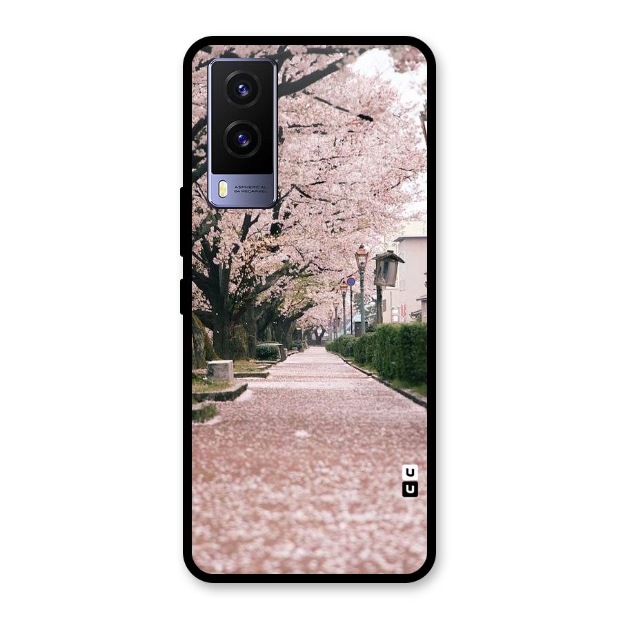 Street In Pink Flowers Glass Back Case for Vivo V21e 5G