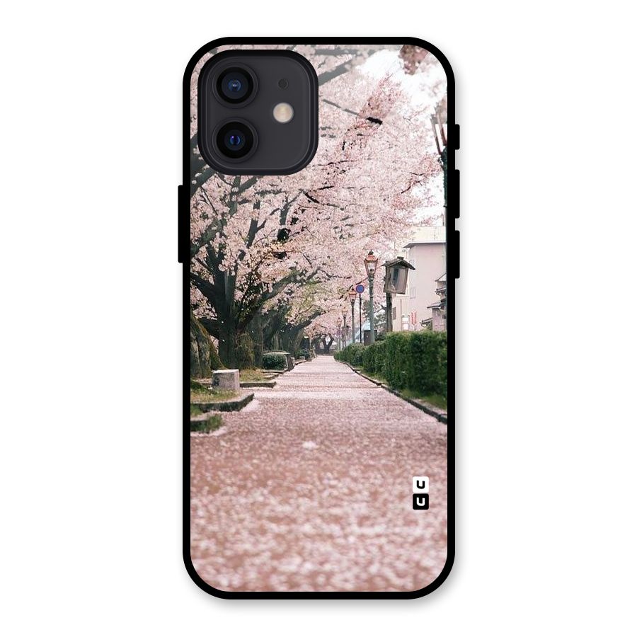 Street In Pink Flowers Glass Back Case for iPhone 12