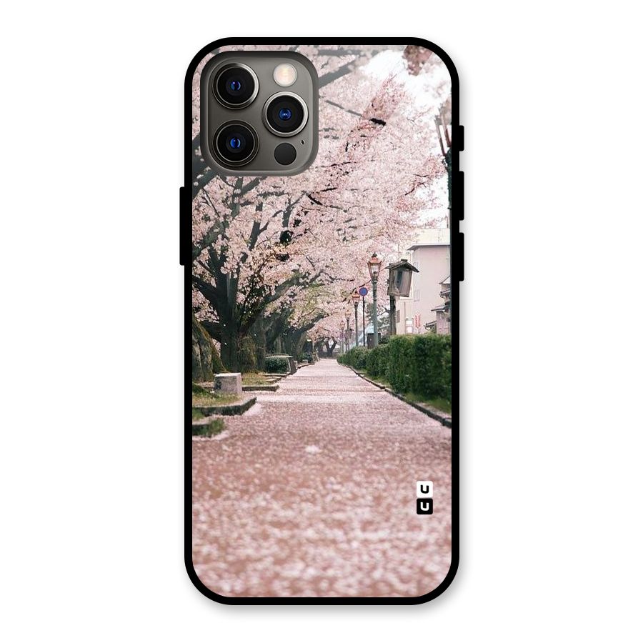Street In Pink Flowers Glass Back Case for iPhone 12 Pro