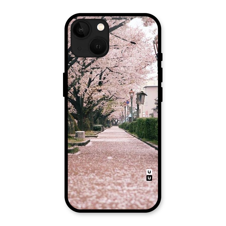 Street In Pink Flowers Glass Back Case for iPhone 13