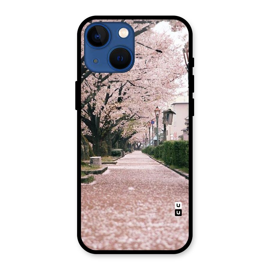 Street In Pink Flowers Glass Back Case for iPhone 13 Mini