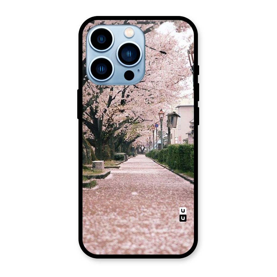 Street In Pink Flowers Glass Back Case for iPhone 13 Pro