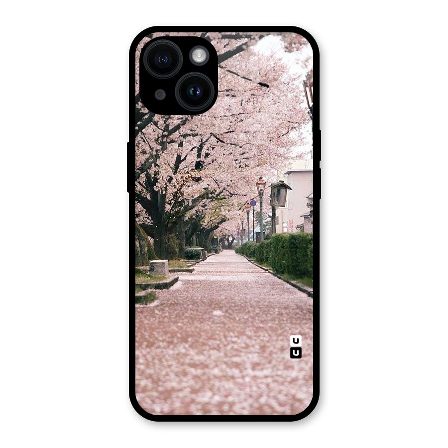 Street In Pink Flowers Glass Back Case for iPhone 14