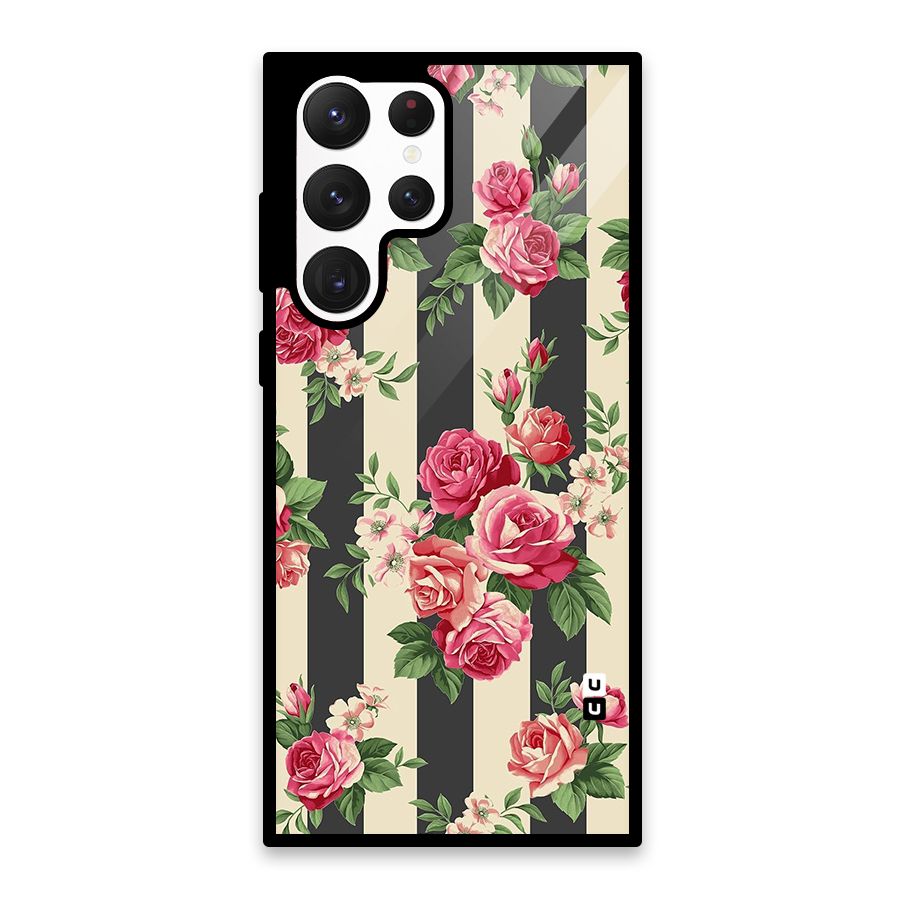 Stripes And Floral Glass Back Case for Galaxy S22 Ultra 5G