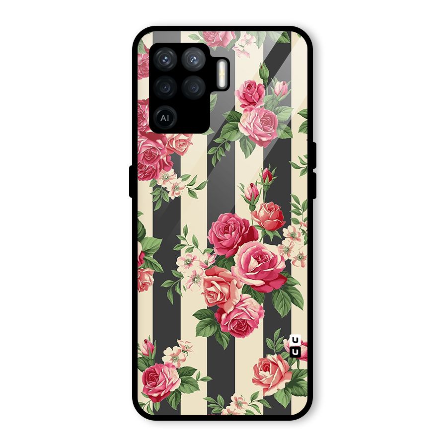 Stripes And Floral Glass Back Case for Oppo F19 Pro
