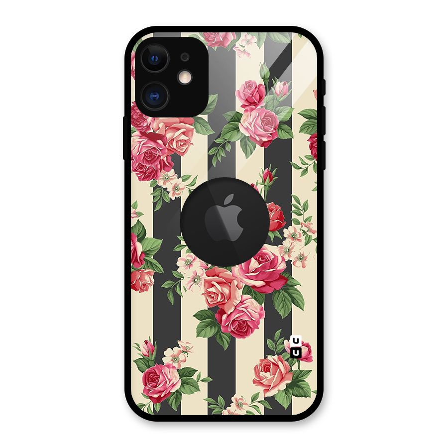 Stripes And Floral Glass Back Case for iPhone 11 Logo Cut