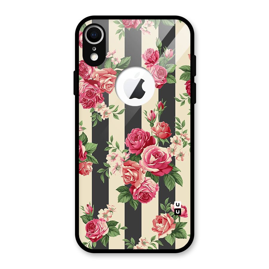 Stripes And Floral Glass Back Case for iPhone XR Logo Cut