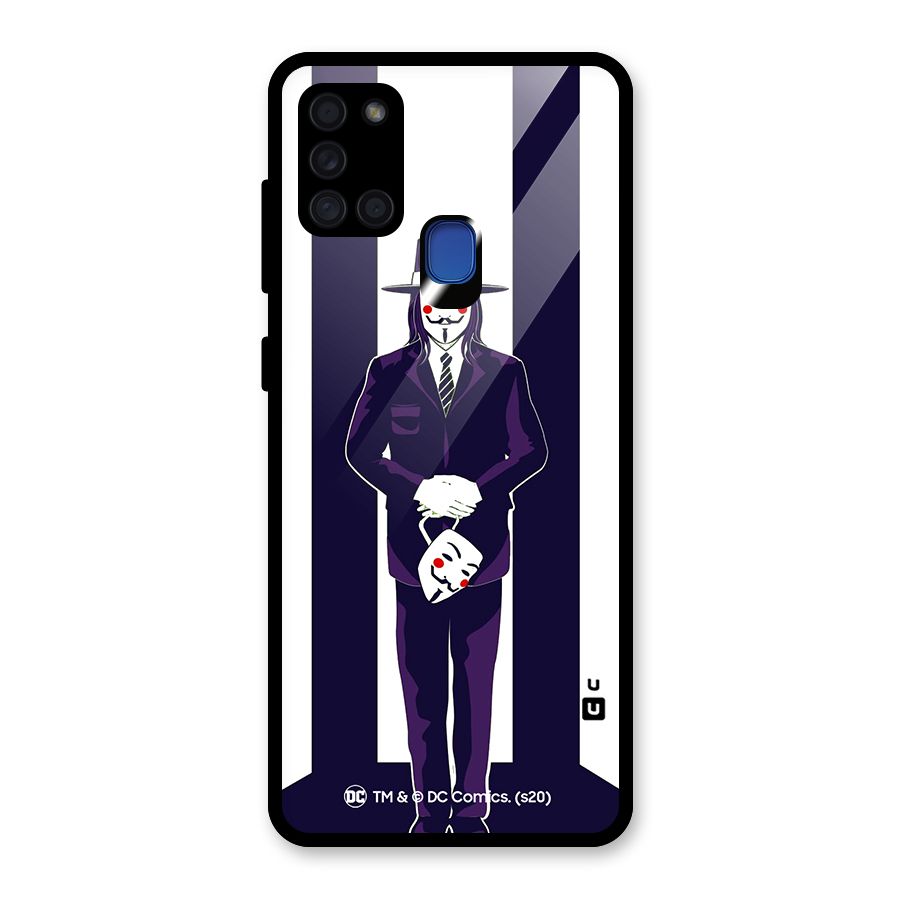 Vendetta Gentleman Holding Mask Illustration Glass Back Case for Galaxy A21s