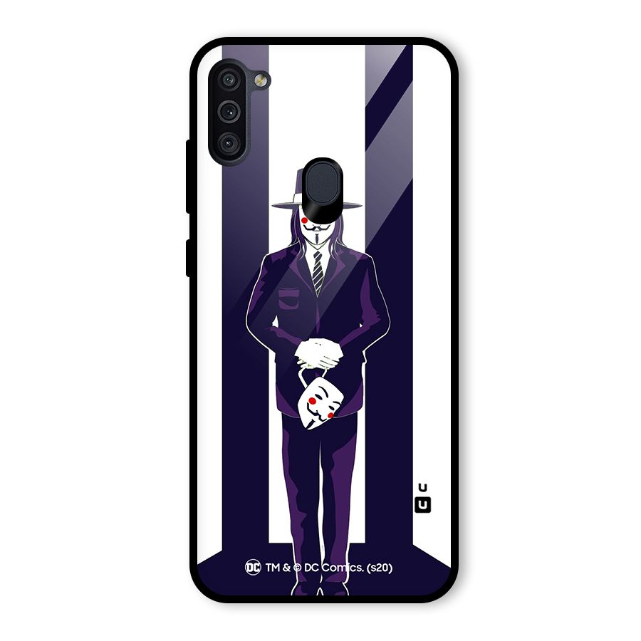 Vendetta Gentleman Holding Mask Illustration Glass Back Case for Galaxy M11