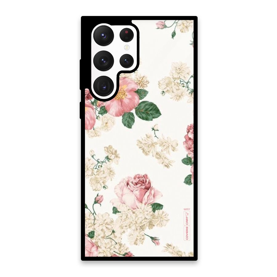 Vintage Floral Pattern Glass Back Case for Galaxy S22 Ultra 5G