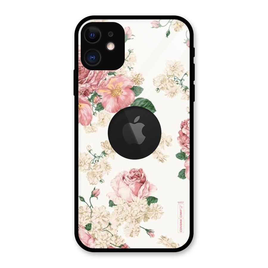 Vintage Floral Pattern Glass Back Case for iPhone 11 Logo Cut