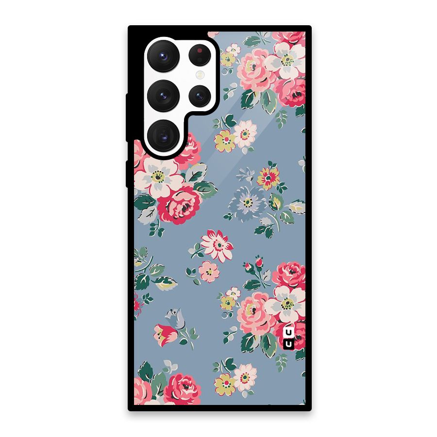 Vintage Flower Pattern Glass Back Case for Galaxy S22 Ultra 5G