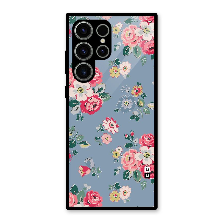 Vintage Flower Pattern Glass Back Case for Galaxy S23 Ultra
