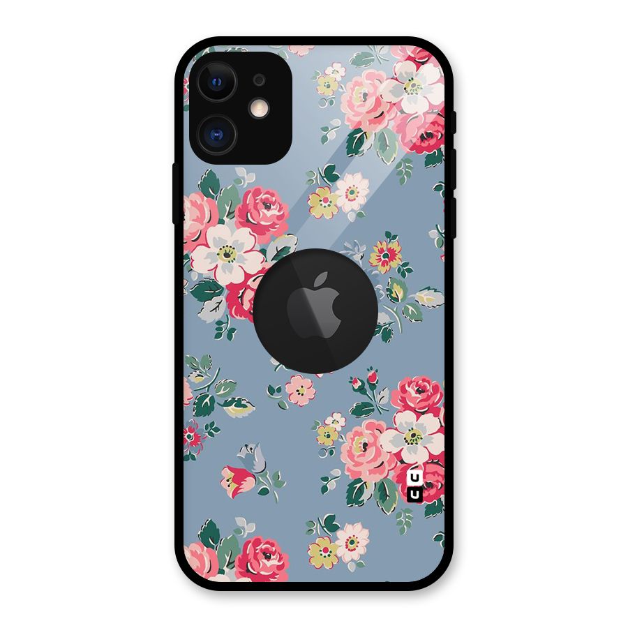 Vintage Flower Pattern Glass Back Case for iPhone 11 Logo Cut