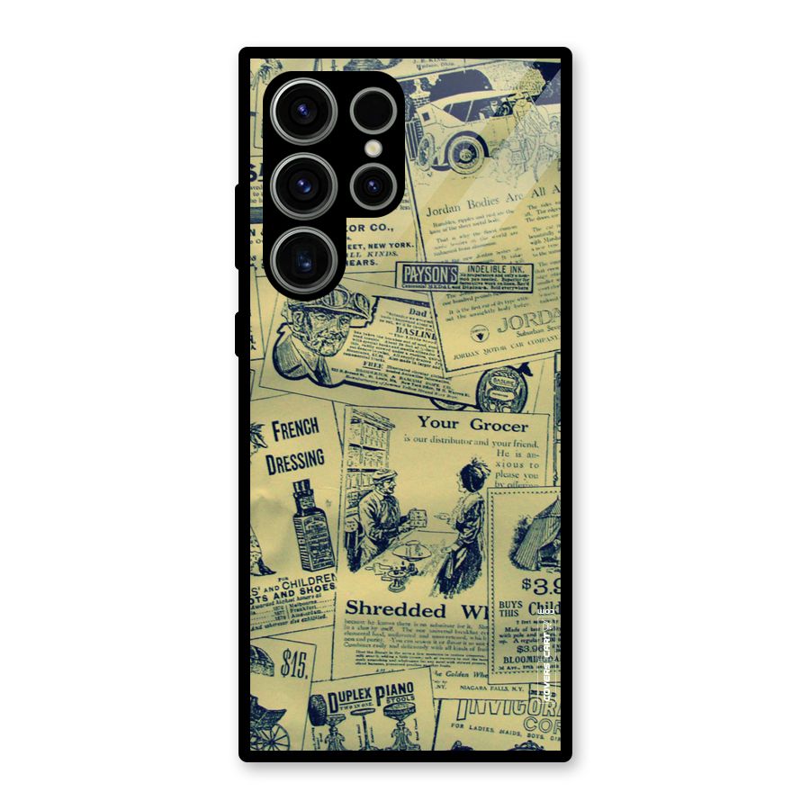 Vintage Newspaper Cutouts Glass Back Case for Galaxy S23 Ultra