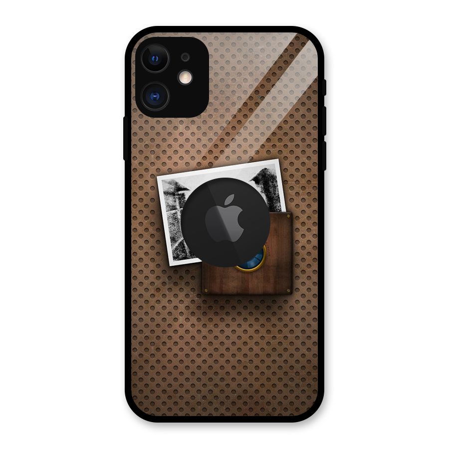 Vintage Wood Camera Glass Back Case for iPhone 11 Logo Cut