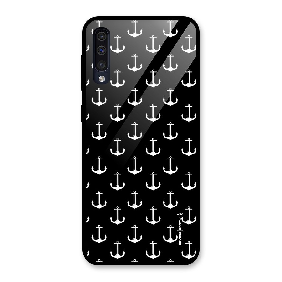 White And Black Anchor Pattern Glass Back Case for Galaxy A50