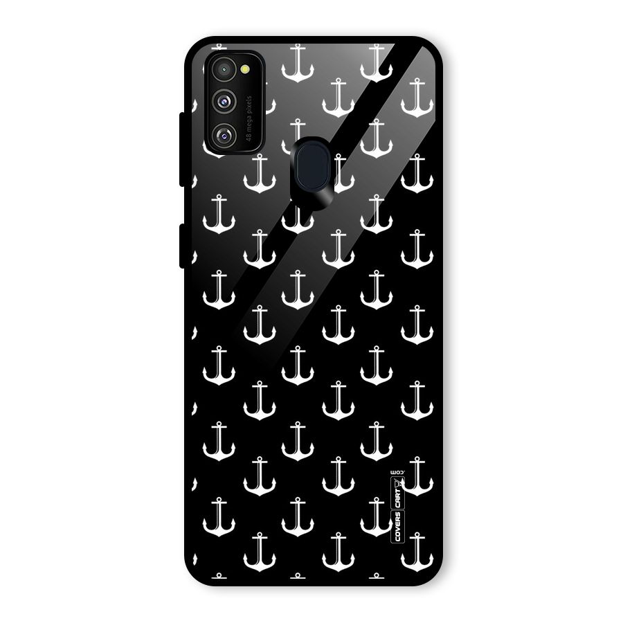 White And Black Anchor Pattern Glass Back Case for Galaxy M30s
