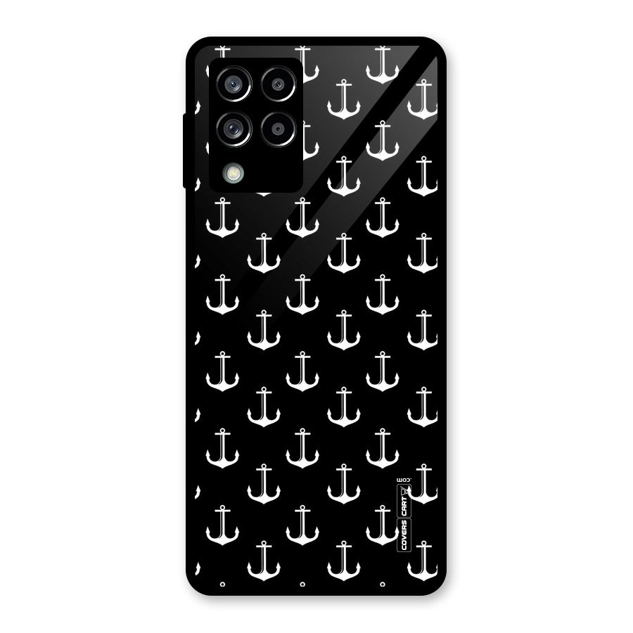 White And Black Anchor Pattern Glass Back Case for Galaxy M53 5G