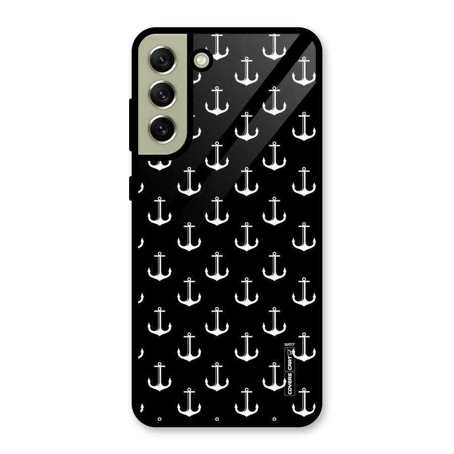 White And Black Anchor Pattern Glass Back Case for Galaxy S21 FE 5G