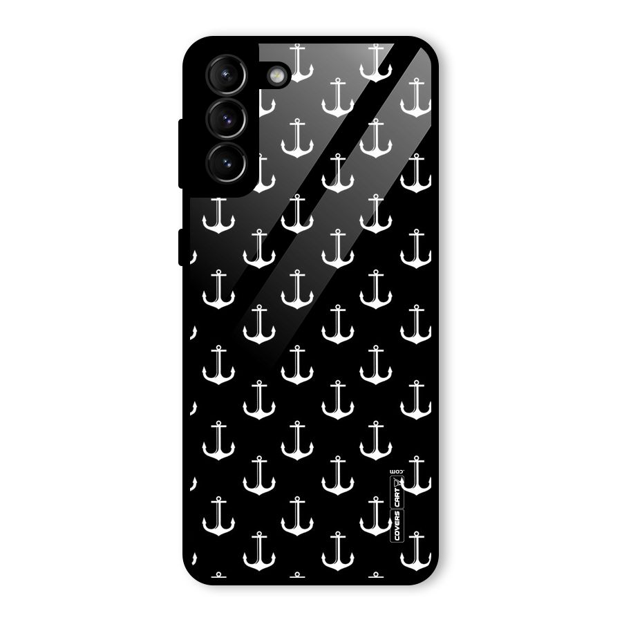 White And Black Anchor Pattern Glass Back Case for Galaxy S21 Plus