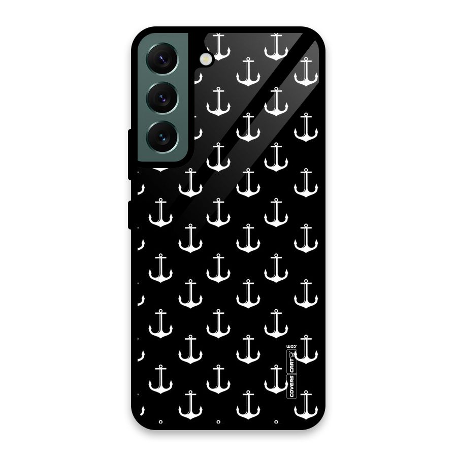 White And Black Anchor Pattern Glass Back Case for Galaxy S22 5G
