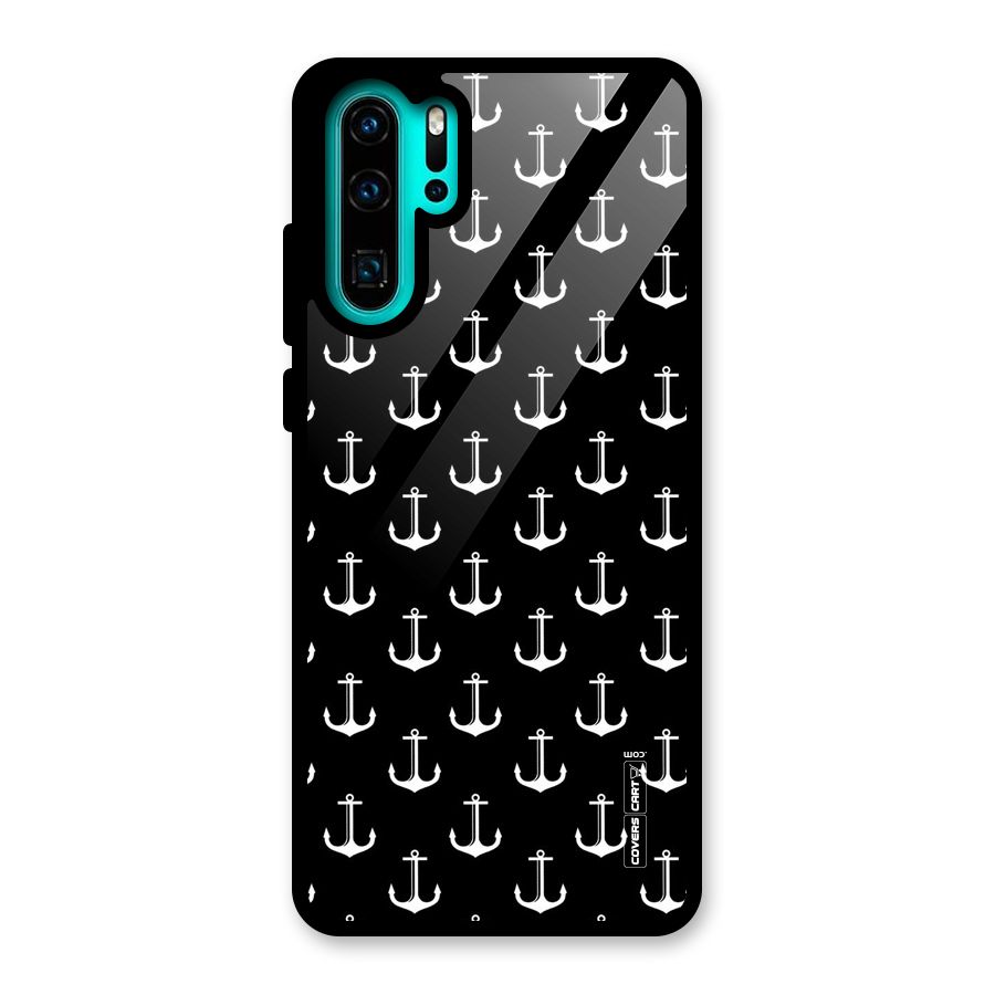 White And Black Anchor Pattern Glass Back Case for Huawei P30 Pro