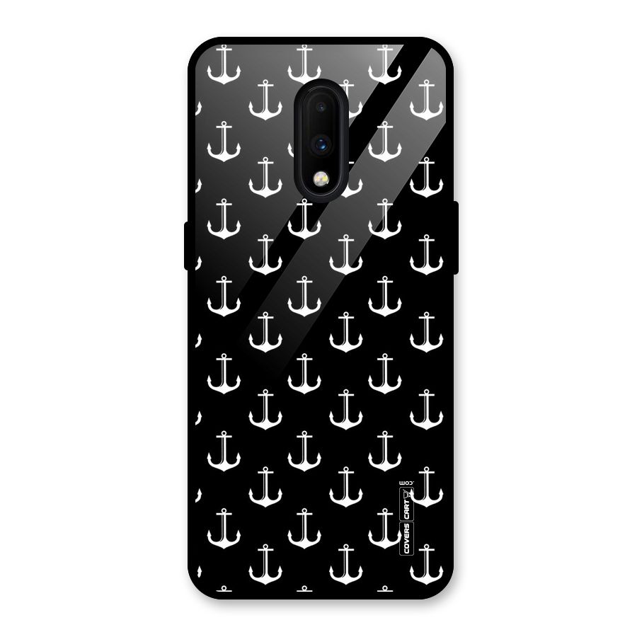 White And Black Anchor Pattern Glass Back Case for OnePlus 7