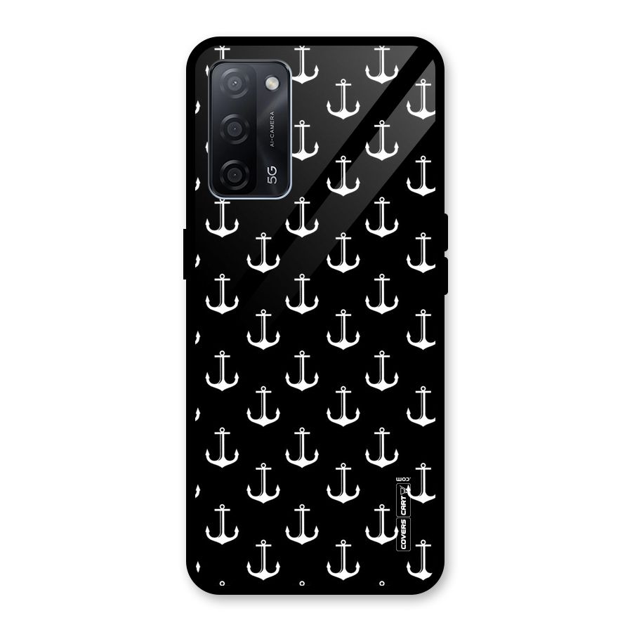 White And Black Anchor Pattern Glass Back Case for Oppo A53s 5G