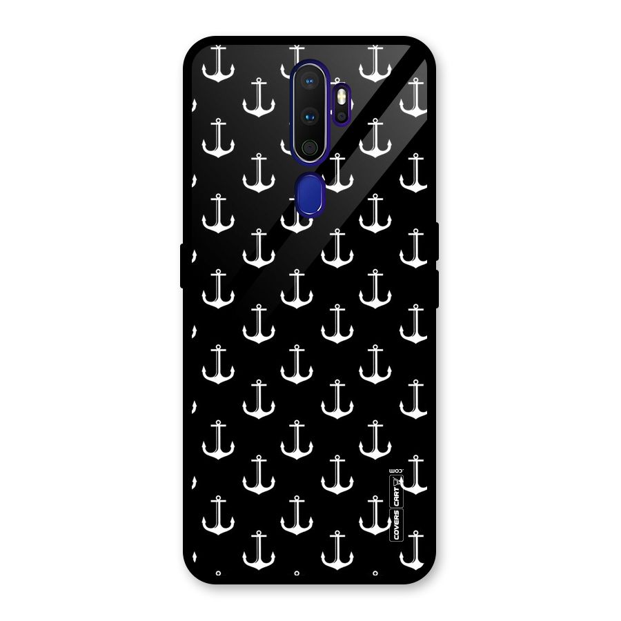 White And Black Anchor Pattern Glass Back Case for Oppo A9 (2020)