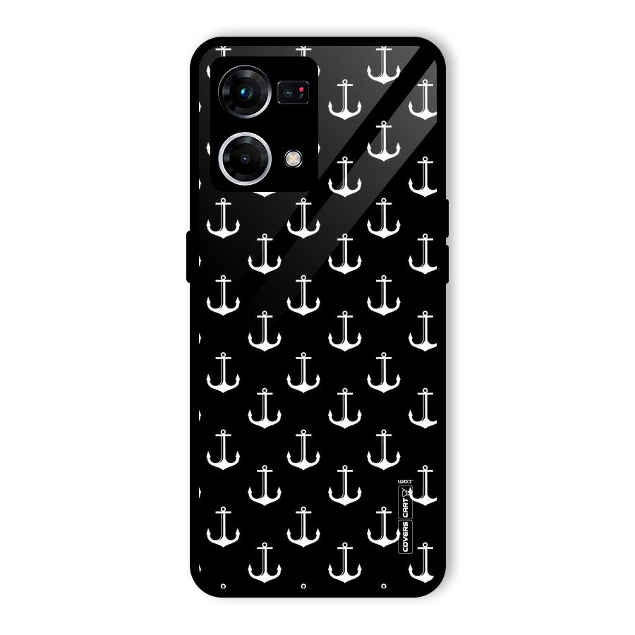 White And Black Anchor Pattern Glass Back Case for Oppo F21 Pro 5G