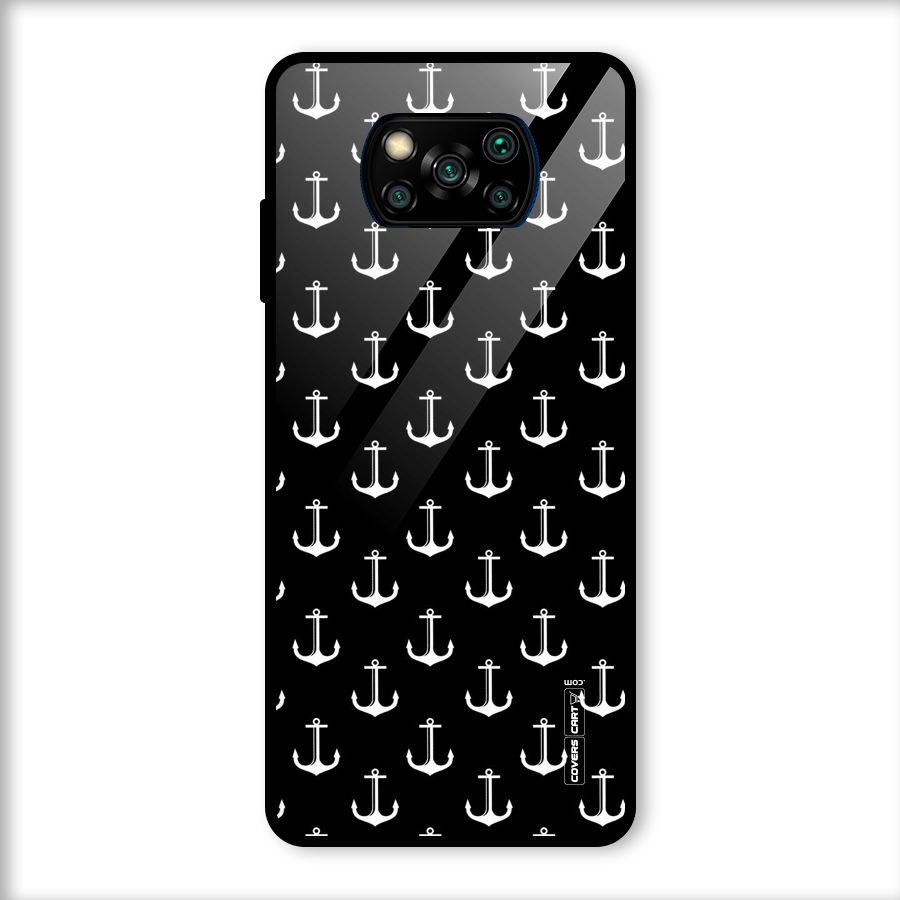 White And Black Anchor Pattern Glass Back Case for Poco X3