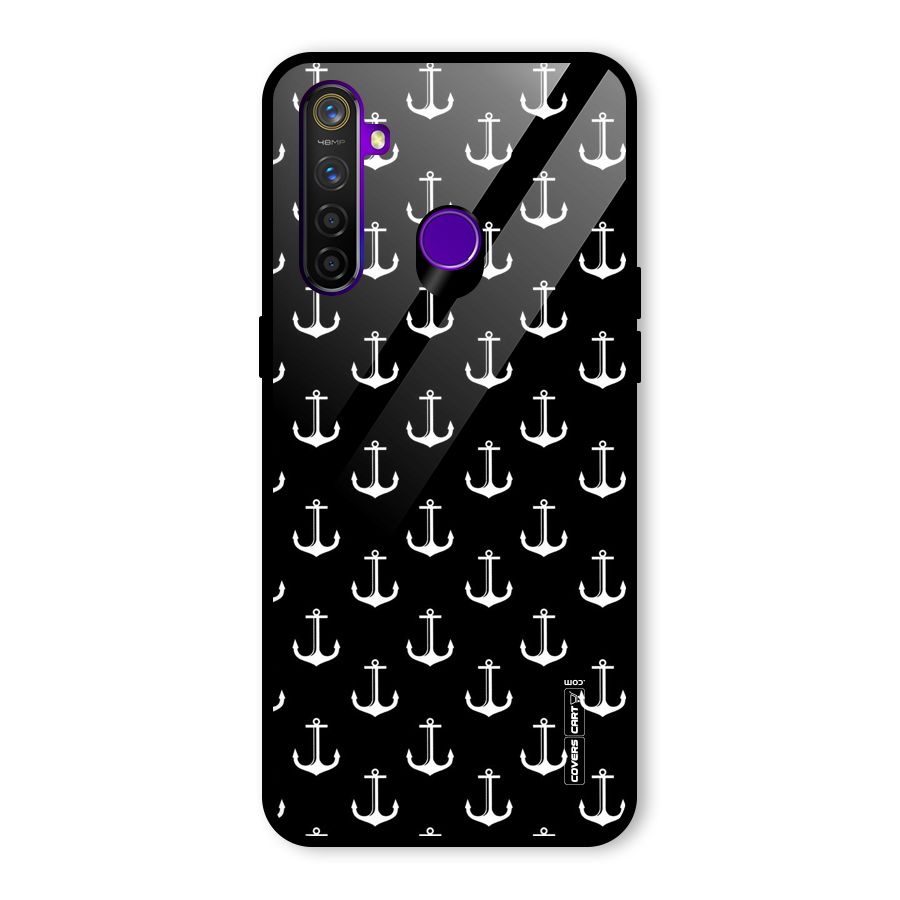 White And Black Anchor Pattern Glass Back Case for Realme 5 Pro