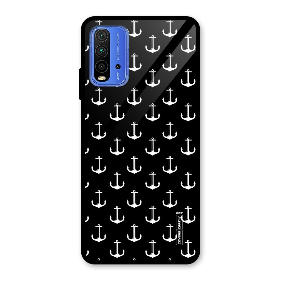 White And Black Anchor Pattern Glass Back Case for Redmi 9 Power