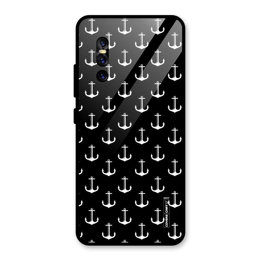 White And Black Anchor Pattern Glass Back Case for Vivo V15 Pro