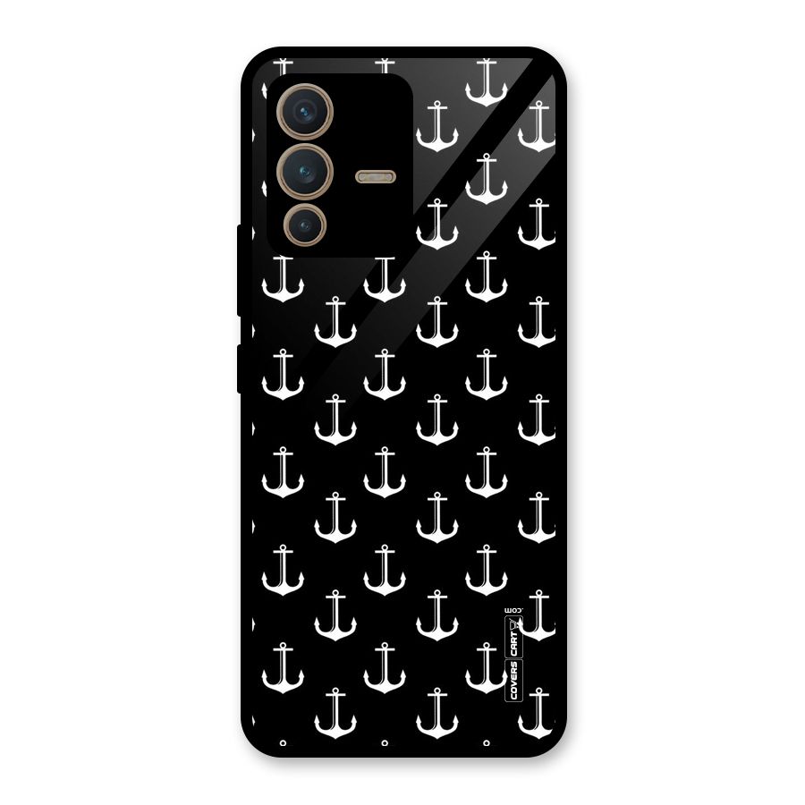 White And Black Anchor Pattern Glass Back Case for Vivo V23 5G