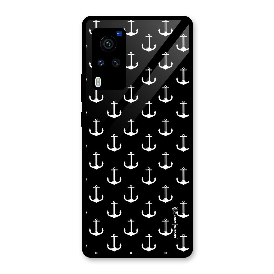 White And Black Anchor Pattern Glass Back Case for Vivo X60 Pro